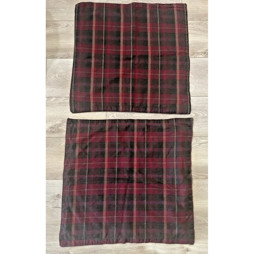 Vtg Pr  Ralph Lauren  100% Wool Tartan Plaid Euro Pillow Shams Burgundy Green